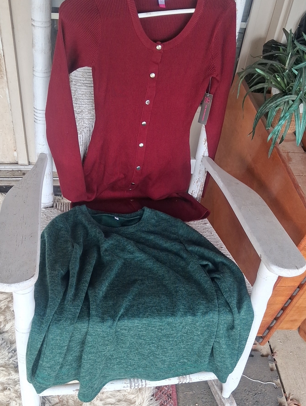 Burgundy Button-Front Sweater - Classic Rib Knit&Green Shirt